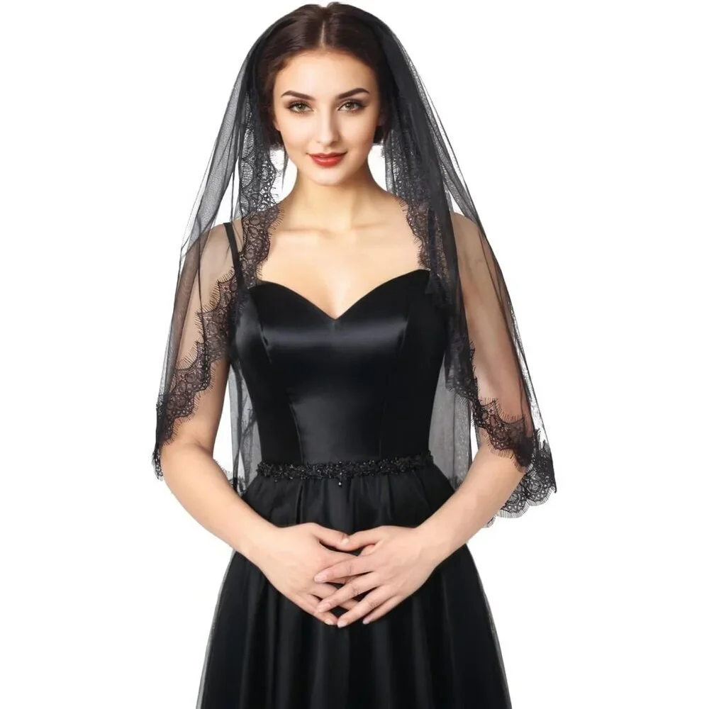 Black Lace Wedding Veil Fingertip Length Tulle Bridal Accessory
